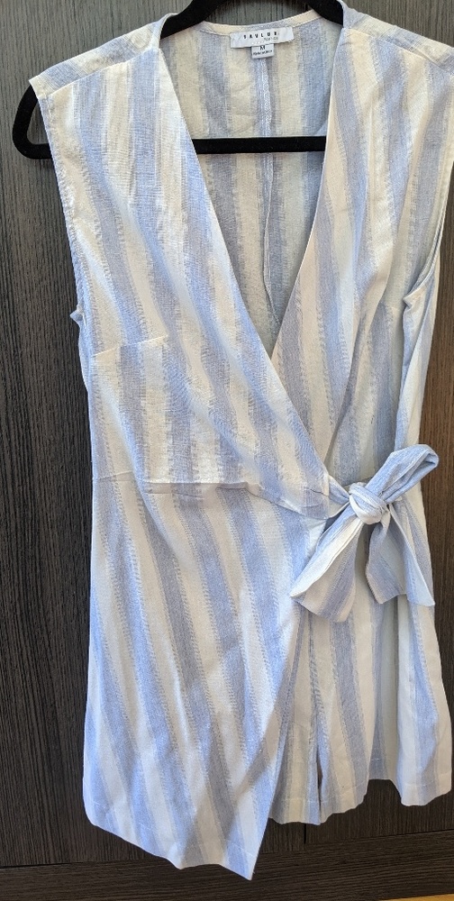 Striped linen faux wrap romper